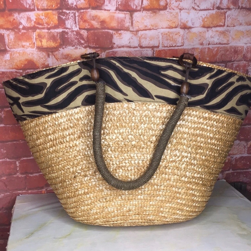 Woven Wheat Straw Tote Bag with Zebra Print Trim